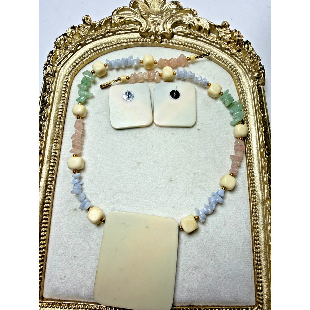 Retro 1980's MOP Inlay Bold Necklace & Earring Set Colorful Pastel Chunky Lucite - Picture 5 of 7
